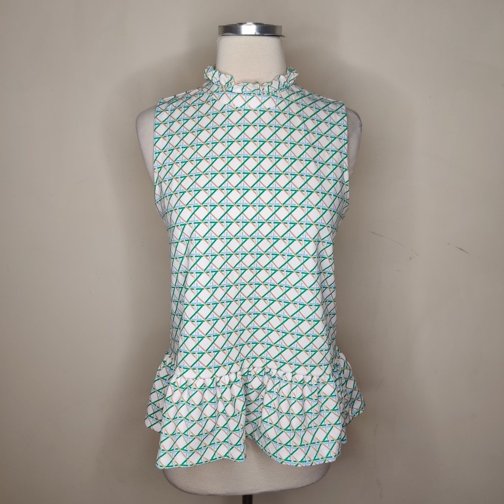 Ann Taylor Sleeveless Top Geometric Ruffle Neck Sleeveless Peplum